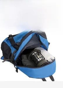 Macro detail showing the internal storage of a 40L blue waterproof hiking backpack