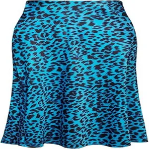 Macro detail of the elegant blue and black leopard print satin fishtail midi skirt