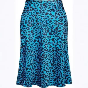 Elegant high-waist blue leopard print satin mermaid skirt for women's summer fashion
