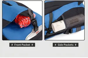 Detail der vorderen Tasche und seitlichen Netztaschen eines blauen Wanderrucksacks