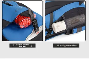 Detail of front patch pocket and side mesh storage on a blue hiking backpack