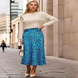 Elegant blue leopard print satin midi skirt with high waist fishtail silhouette
