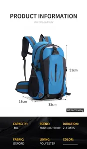 Detaillierte Spezifikationen für 40L wasserdichten Wanderrucksack mit Maßen und Gewicht