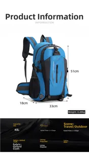 Detailed 40L waterproof hiking backpack specifications with size and weight info