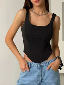 Detail view of a black square neck fishbone corset top for women with pointed hemline