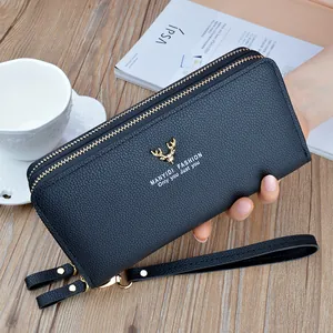 Women's Long Wallet Double Zipper PU Leather Litchi Pattern Large Capacity Handbag Phone Clutch Bag With Metal Deer Decoration