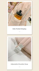 Detailed views of the pink school backpack side pocket and adjustable shoulder straps.