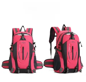 Front and side view of a pink and gray waterproof 40L hiking backpack for trekking
