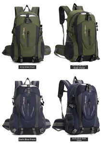 Large capacity 40L waterproof hiking backpack in army green and dark blue colors