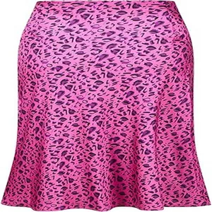Elegant pink leopard print satin midi skirt with high waist and fishtail hem