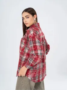 Vintage oversized red plaid flannel shirt for women with long sleeves and pocket detail