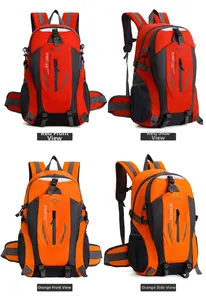 Detailed views of red and orange 40L water-repellent outdoor hiking backpacks show