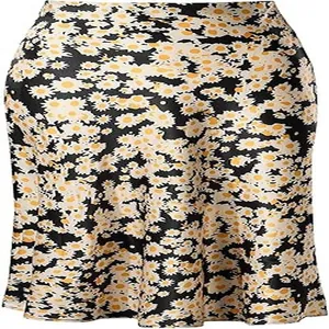 Elegant high-waisted satin midi skirt featuring a vintage daisy floral print