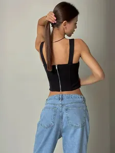 Detailed back view of a black sexy backless fishbone corset top with silver zipper