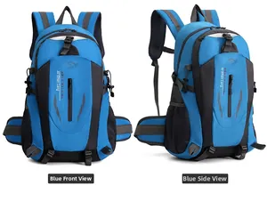 Detailed front and side view of a 40L blue waterproof outdoor hiking backpack for travel