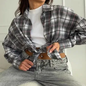 Women American Retro Plaid Shirt Mid-length Oversized Long Sleeve Striped Blouse Streetwear Casual Comfortable Autumn Loose Top
