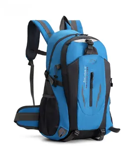 Detailed side view of a 40L blue water-repellent outdoor hiking backpack for trekking