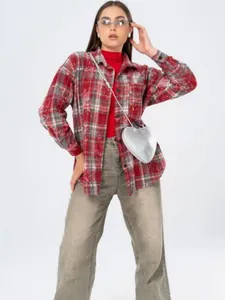 Womens American retro red plaid long sleeve shirt with heart shaped crossbody bag