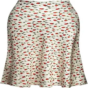 Detailed view of the red rose floral pattern on an elegant cream satin mermaid midi skirt