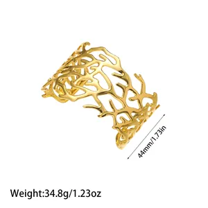 Detailed view of golden coral cuff bracelet with weight and width measurements