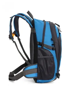 Detailed side view of 40L blue water-resistant outdoor hiking and trekking backpack