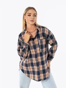 Vintage plaid long sleeve button down shirt for women with front pocket autumn style