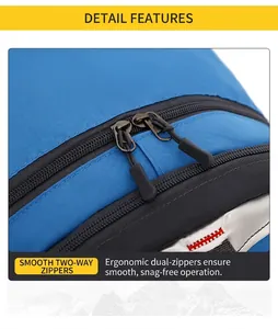 Nahaufnahme des leichtgängigen Zwei-Wege-Reißverschlusses an einem blauen Wanderrucksack