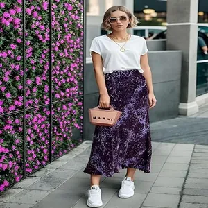 Elegant purple leopard print satin mermaid midi skirt with a high waist and slim silhouette