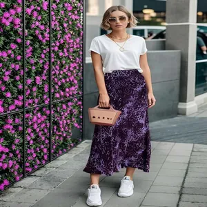 Elegant purple leopard print satin mermaid midi skirt with a high waist and slim silhouette