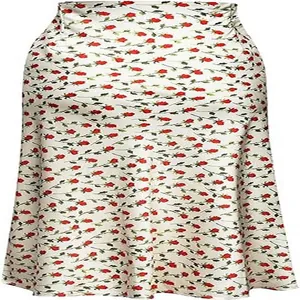 Detailed view of an elegant high-waisted satin midi skirt with a red rose floral print.