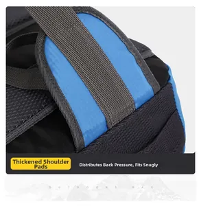 Close-up of thickened mesh shoulder straps on a blue and black outdoor hiking backpack