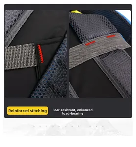 Detail showing reinforced bartack stitching on hiking backpack for heavy loads