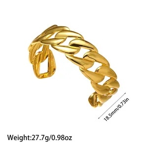 Close-up view of gold Cuban link titanium steel cuff bracelet showing dimensions