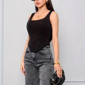 Sexy black square neck fishbone corset tank top for women with slim fit design