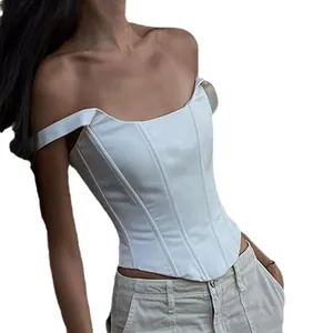 Sexy solid white fishbone corset top with square neck and off-shoulder straps for women