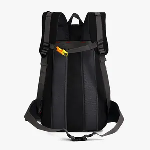 Ergonomic back view of a 40L waterproof outdoor hiking backpack with grey straps