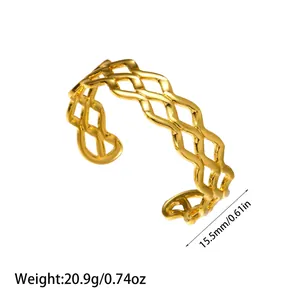 Detail view of golden stainless steel lattice cuff bracelet with weight and size