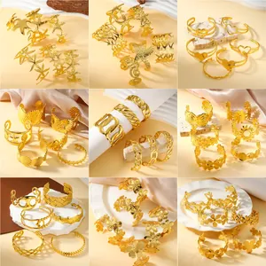 Minimalist Titanium Steel Open Cuff Bracelet Gold Plated Stainless Steel Starfish Heart Marine Floral Adjustable Bangle Jewelry For Women