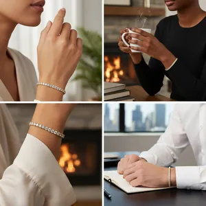 Detailed shots of a sparkling cubic zirconia tennis bracelet in lifestyle settings