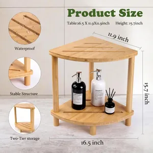 Two-tier natural bamboo corner storage shelf for bathroom with clear product dimensions.