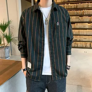 Men Cotton Long Sleeve Shirt Hong Kong Style Loose Casual Striped Plaid Top Square Collar Pocket Fashion Button Down Shirt