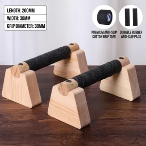 Detailed view of wooden push-up bars with anti-slip cotton wrap and dimensions