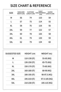 Detailed size guide and measurement chart for men's loose fit long-sleeved shirt