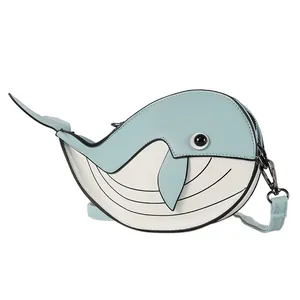 Cute cartoon whale shaped crossbody bag with blue and white color block design for women