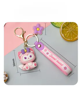 Pink fox character keychain with floral charm and dimensions details for bags.