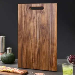 Macro view of the natural wood grain and smooth finish of an acacia wood cutting board.