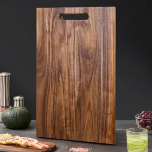 Macro view of the natural wood grain and smooth finish of an acacia wood cutting board.