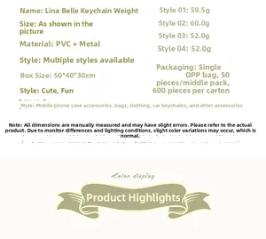 Detailed specifications for LinaBell character keychain accessory with PVC and metal material.