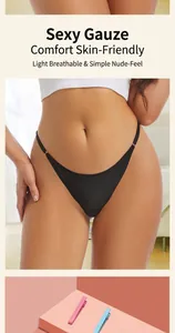 Close-up view of black breathable mesh thong with adjustable side straps on female model