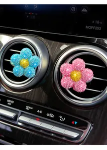 Sparkling rhinestone flower car air vent clips in blue and pink for car decor